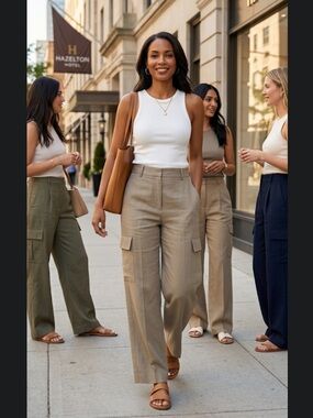 Cos Wide Leg Linen  Blend Cargo Pants Tan Color Size 4 Effortless Casual Summer
